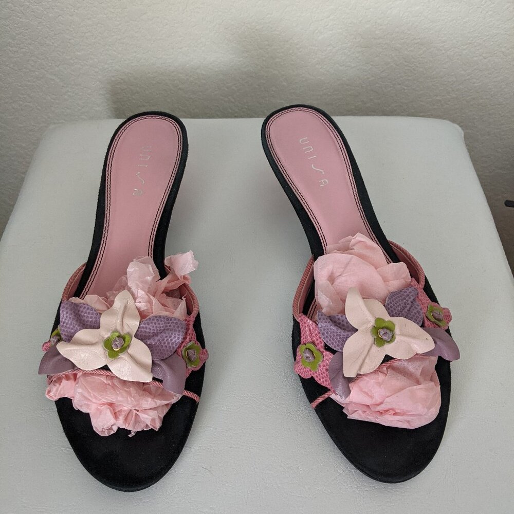 Open toe kitten heel kid suede mules